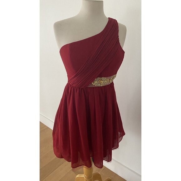 Ladies Modcloth Minuet One Shoulder Red Gold Sequin Mini Dress Sz S - Picture 1 of 11